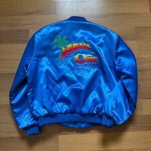 Vintage 90's Maui One Excavating Las Vegas Blue Satin Zip Up Bomber Jacket Sz XL